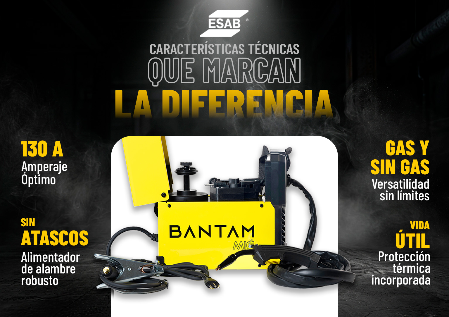 Características técnicas de la soldadora Esab Bantam MIG 130 inverter portátil